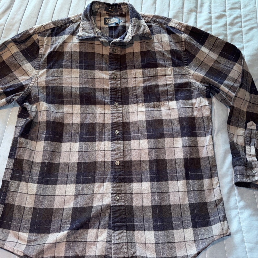 Pendleton Mason Men's Plaid Flannel Button-Down Shirt Blue Gray Size L